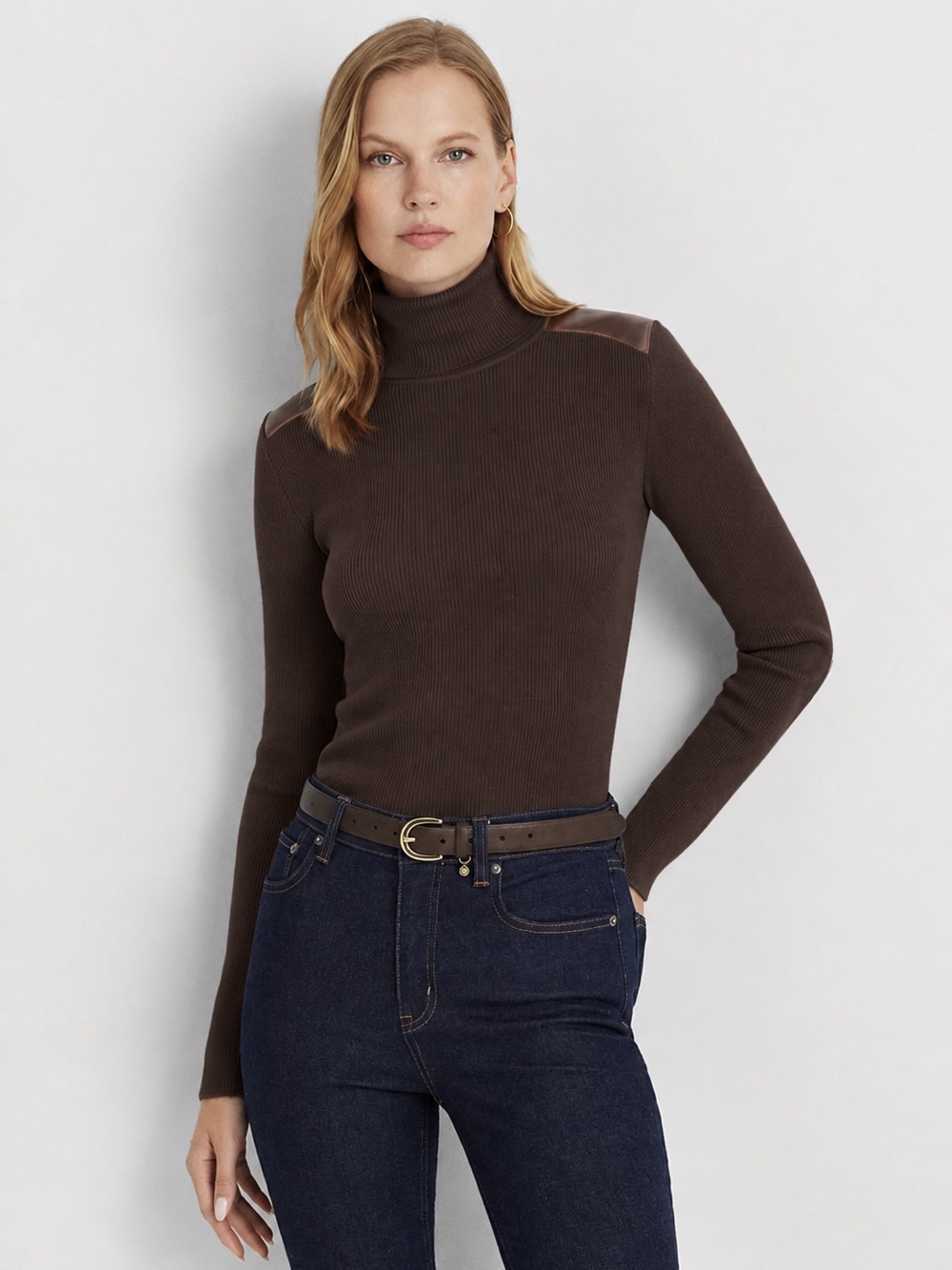 Ralph Lauren Dark Brown Ribbed Turtleneck Sweater with Leather Shoulders